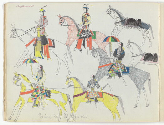 A stylized drawing of a group of multi-colored horses, most with riders dressed in Indigenous clothing.