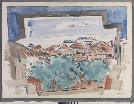 An abstract watercolor of adobe structures among green trees, red rocks, and mountains under blue skies.