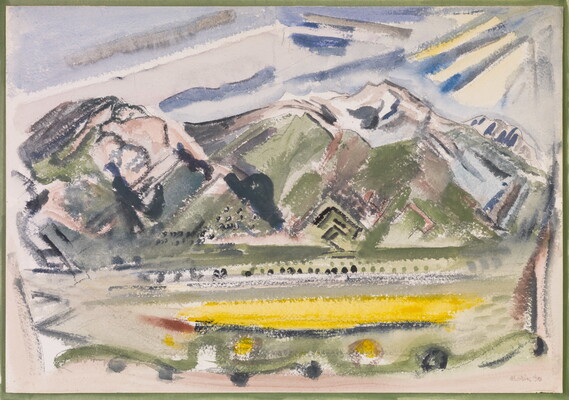 An abstract watercolor of tall mountains beyond a green and yellow plain dotted with trees.