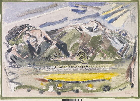 An abstract watercolor of tall mountains beyond a green and yellow plain dotted with trees.