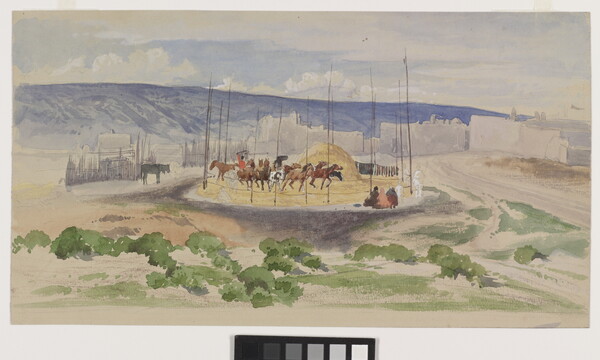 A watercolor painted in a loose style of horses in a circular corral trampling mounds of wheat as people watch, adobe buildings in the background.