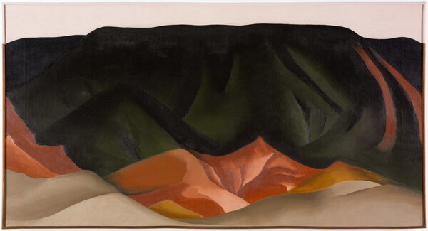 An oil painting of dark mountains cascading down the canvas in various heights and colors from a light pink sky.