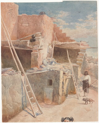 A watercolor of an Indigenous person and a dog standing outside of a multi-story pueblo.