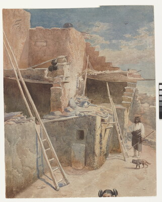 A watercolor of an Indigenous person and a dog standing outside of a multi-story pueblo.