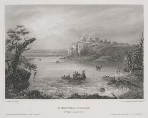 A detailed black-and-white print of Indigenous people in canoes on a river and a Native village with multiple structures on a high bluff above the river.