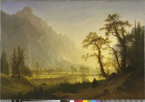 An oil painting of sunlight flooding a mountain valley filled with trees and a lake.
