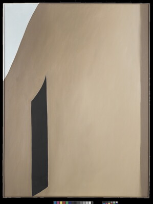 An abstract oil painting of a black doorway on the side of an adobe structure.