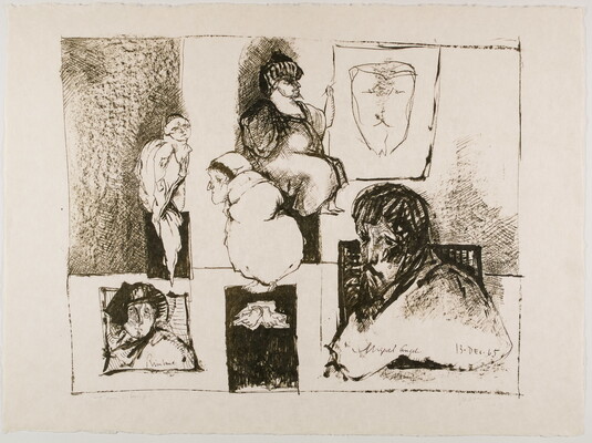 A black-and-white print of vignettes of various human figures.