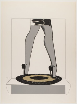 A color print of a woman's legs wearing pointy black high heels standing on a round black and tan bullseye rug.