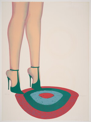 A color print of a woman's legs wearing pointy green high heels standing on a round red, blue, and green bullseye rug.