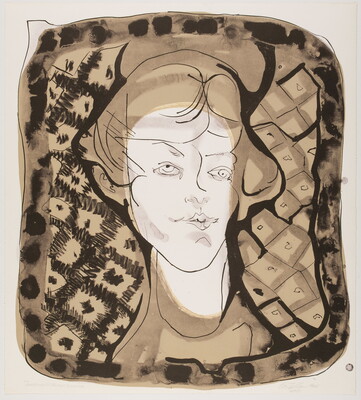 An abstract color print of a cartoon-like illustration of a woman at center and geometric patterns in the background in blacks, tans, and whites.