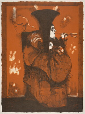A color print of a figure playing an pipe-like instrument while wearing a black, cone-shaped hat and robe that has many subtle faces on it.