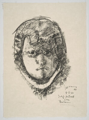 A black-and-white print of a frowning man with short hair and bangs, wearing a high stiff collar.
