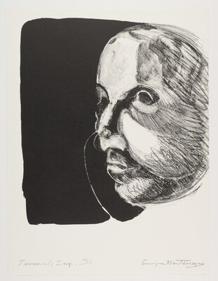 An abstract black-and-white print of a face in profile on a black background; a thin white line extends from the right cheek to just under the chin at the edge of the composition.