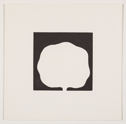 A black-and-white print of an abstract, white tree-like shape on a black background.