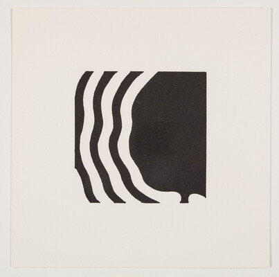 A black-and-white print of an abstract black shape on the right with thick black wavy lines radiating out from it on the left.