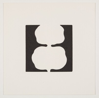 A black-and-white print of two tree-like white shapes stacked on top of each other on a black background.