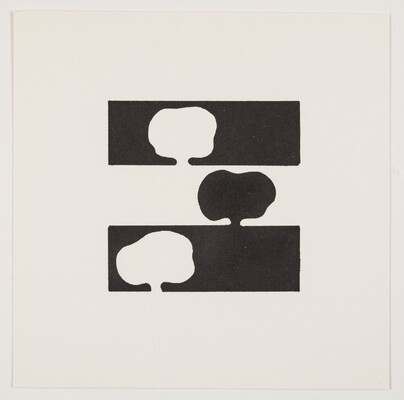 A black-and-white print of three abstract, tree-like shapes on three horizontal stripes: two white on a black background and one black on a white background.