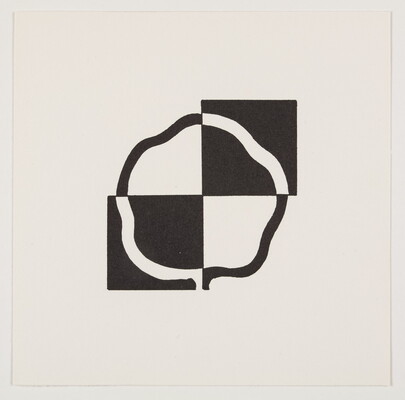 A black-and-white print of an abstract, tree-like shape of a circle broken into four quarters of black on white and white on black.