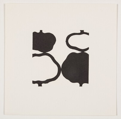 A black-and-white abstract print of four tree-like shapes: two smaller and upside down on the top, two larger at the bottom, all alternating black and white.