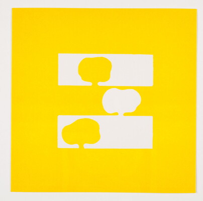 A color print of three abstract, tree-like shapes on three horizontal stripes: two yellow on a white background and one white on a yellow background.