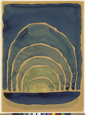 A watercolor painting of concentric arches in shades of blue.