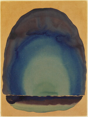 A watercolor of arches that fade from light green to black on a gold background.