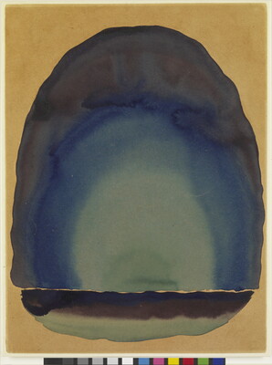 A watercolor of arches that fade from light green to black on a gold background.