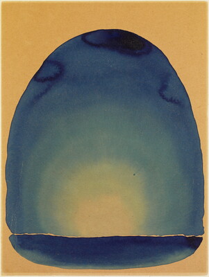 A watercolor of an irregular shaped blue oval on a gold background with gold radiating from its center.