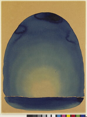 A watercolor of an irregular shaped blue oval on a gold background with gold radiating from its center.