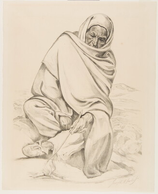 A black-and-white print of a seated Indigenous person wrapped in a blanket poking a fire with a stick.