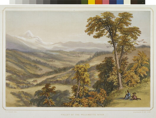 A color print of two Indigenous people sitting on a hill overlooking a river valley with mountains in the distance.