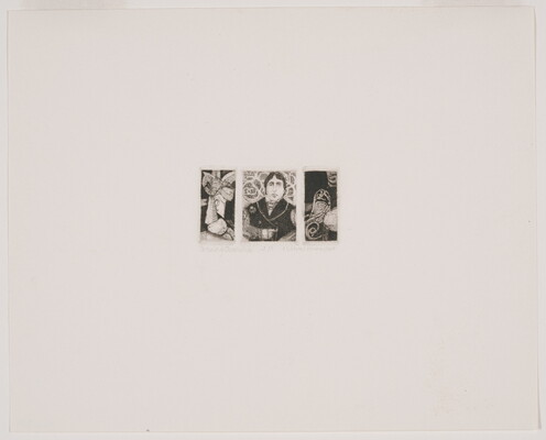 A black-and-white print of three scenes with a portrait of Oscar Wilde in the center and household items on either side.