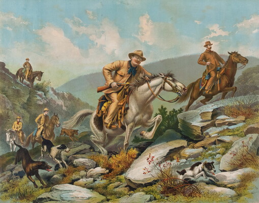 A color print of White men in hunting attire on horseback and their dogs running through a hilly and rocky landscape.