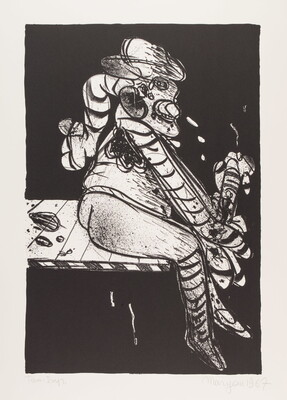 An abstract black-and-white print of a person sitting sideways on a ledge holding a pole in their hands.