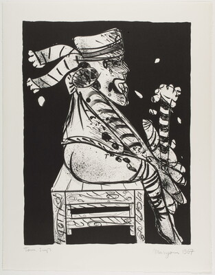 An abstract black-and-white print of a person sitting sideways on a bench holding a pole in their hands.