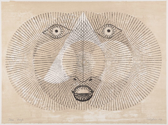 An abstract color print of three overlapping circles made of radiating black lines, eyes and a mouth in the center, on a tan background.
