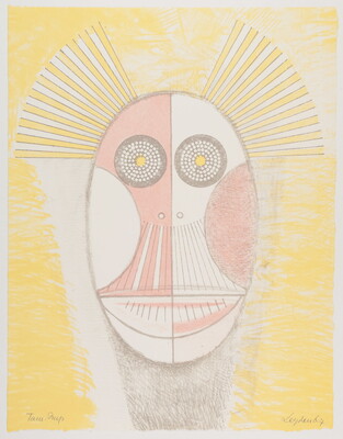 A color print of a stylized oval face with large round eyes, semi-circular cheeks, and striped mouth or beak in yellow and orange.