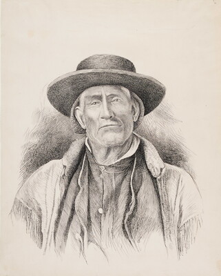 A black-and-white drawing of a man wearing a wide brimmed hat and a jacket with fringe on the shoulders over a button-down shirt.