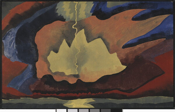 An abstract landscape painting of a lighting bolt with jagged blocks of color echoing across the sky.