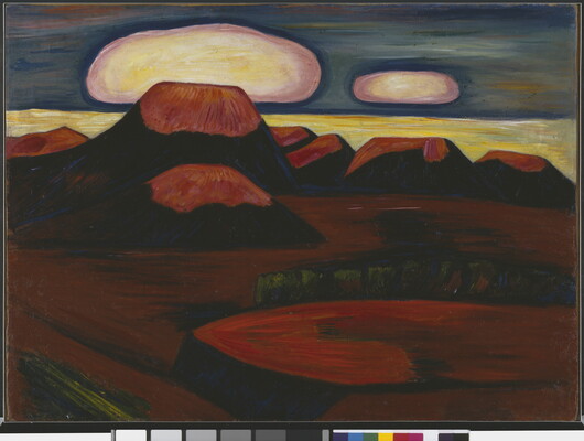 An abstract landscape painting of a group of red plateaus at sunrise or sunset.