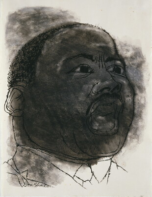A black-and-white ink portrait of Martin Luther King Jr. with his mouth open, as if speaking.