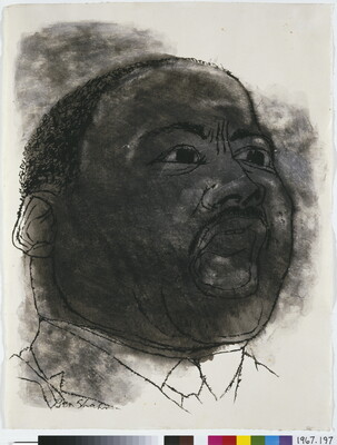 A black-and-white ink portrait of Martin Luther King Jr. with his mouth open, as if speaking.