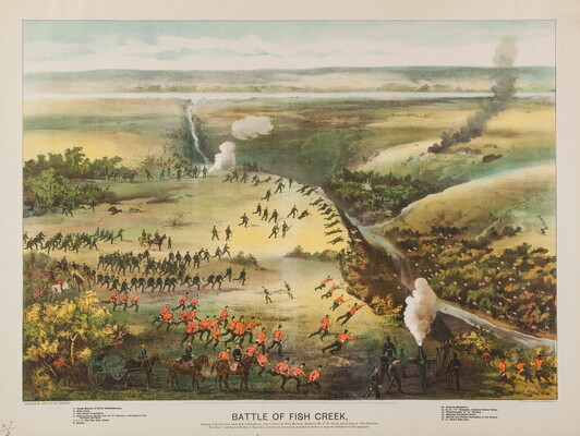 A color print of a battle scene showing soldiers in red and green uniforms shooting at hidden targets on the other side of a creek.