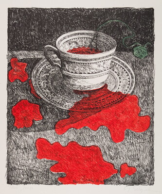 A color print of a black-and-white teacup and saucer filled with a red liquid; bubbles of red liquid are spilled on the surface.