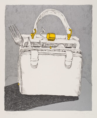 A color print of a grayscale purse with a gold clasp and a fork sticking out of the top.