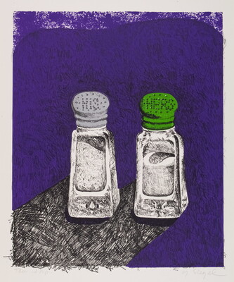 A color print of two salt shakers with "HIS" and "HERS" on the lids with a purple background.