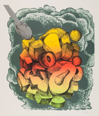 A color print of a gray spoon and a group of colorful geometric letter-like shapes rendered to appear three-dimensional.
