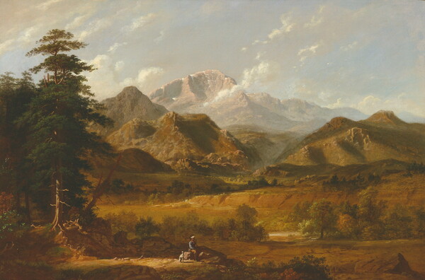 An oil painting of a man and his dog resting on a boulder in a lush green plain surrounded by tall, rocky mountain peaks.