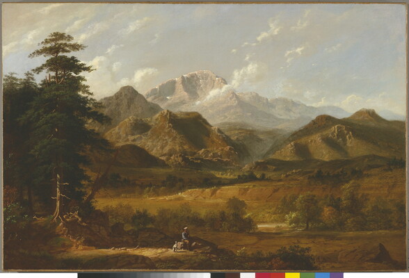 An oil painting of a man and his dog resting on a boulder in a lush green plain surrounded by tall, rocky mountain peaks.